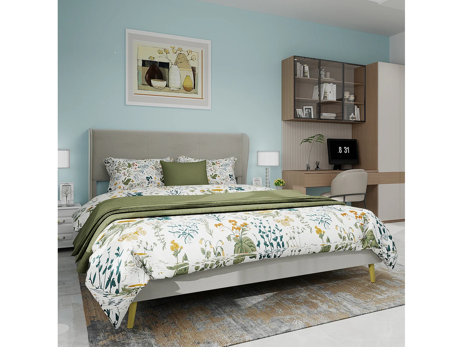 Lit adulte 140 x 200 cm - Lit double avec pieds en bois et dossier moelleux - velours beige - matelas non inclus