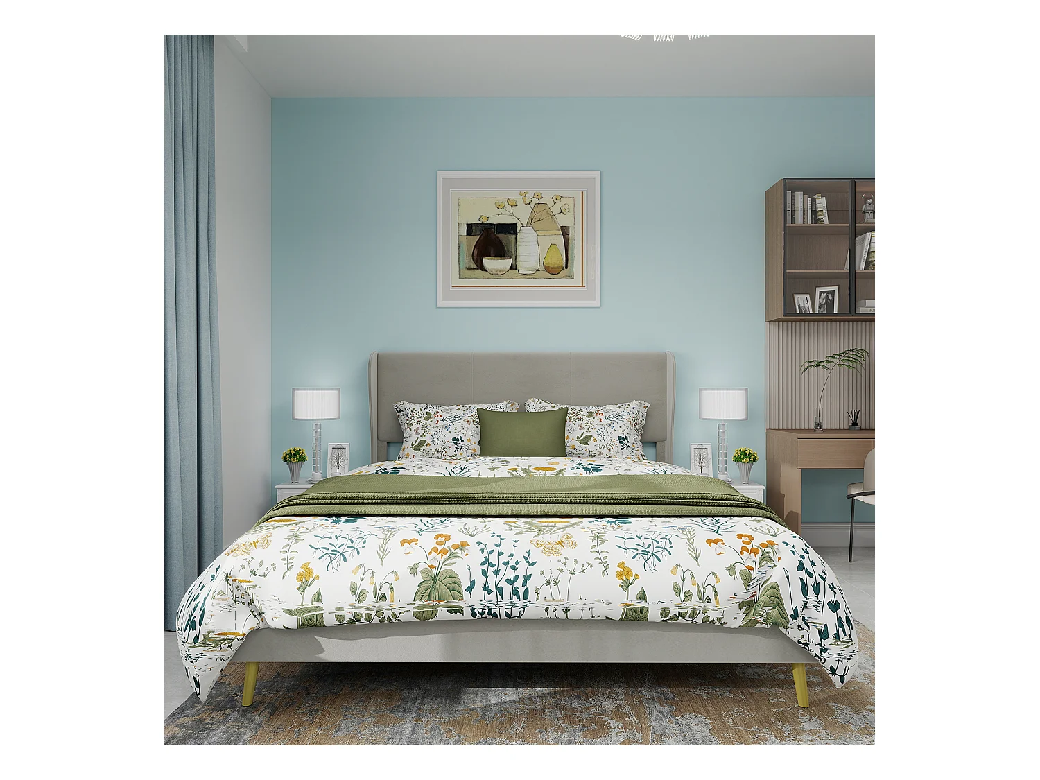 Lit adulte 140 x 200 cm - Lit double avec pieds en bois et dossier moelleux - velours beige - matelas non inclus