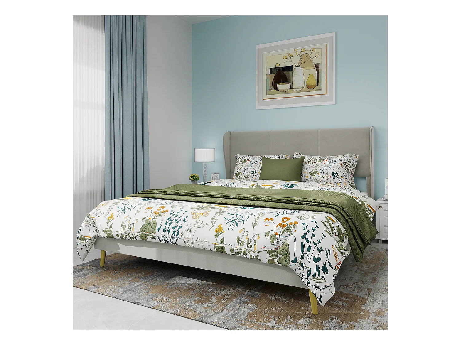 Lit adulte 140 x 200 cm - Lit double avec pieds en bois et dossier moelleux - velours beige - matelas non inclus