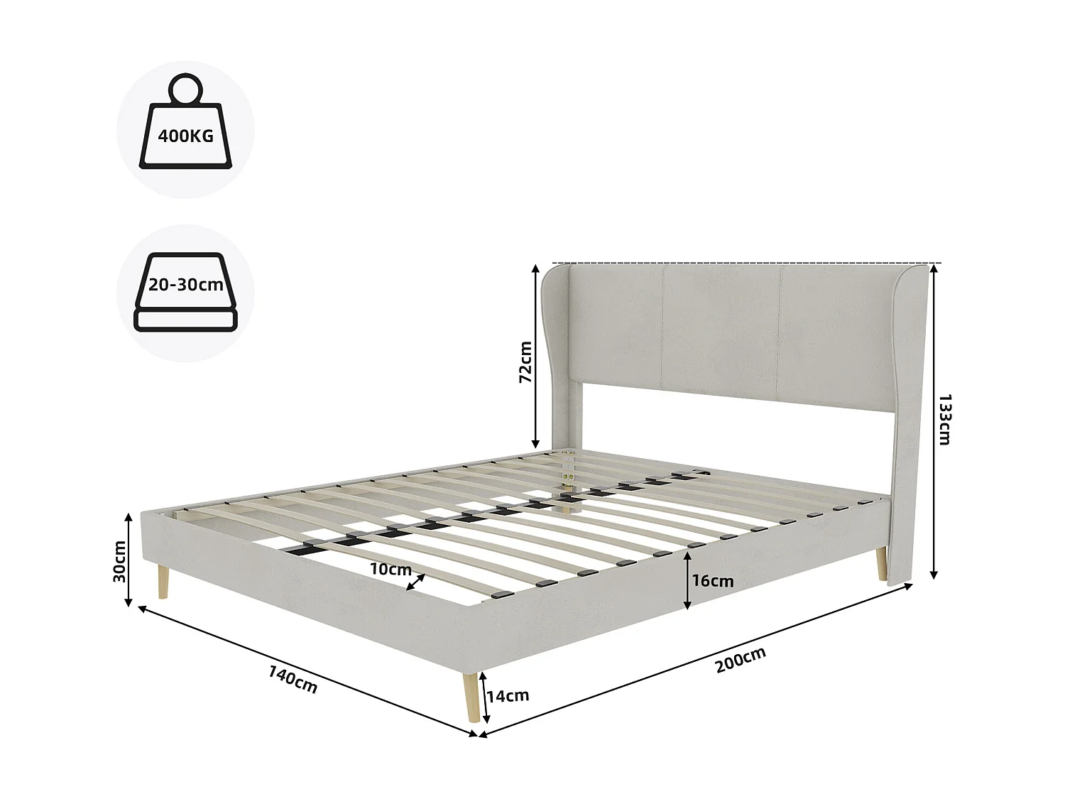Łóżko dla dorosłych 140 x 200 cm - Łóżko małżeńskie z drewnianymi nogami i miękkim oparciem - welur beżowy - materac nie jest wliczony w cenę
