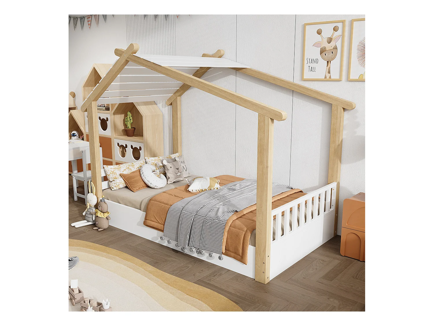 Cama individual 90 x 190 cm - Cama infantil estilo cabana de madeira - madeira branca - colchão não incluído