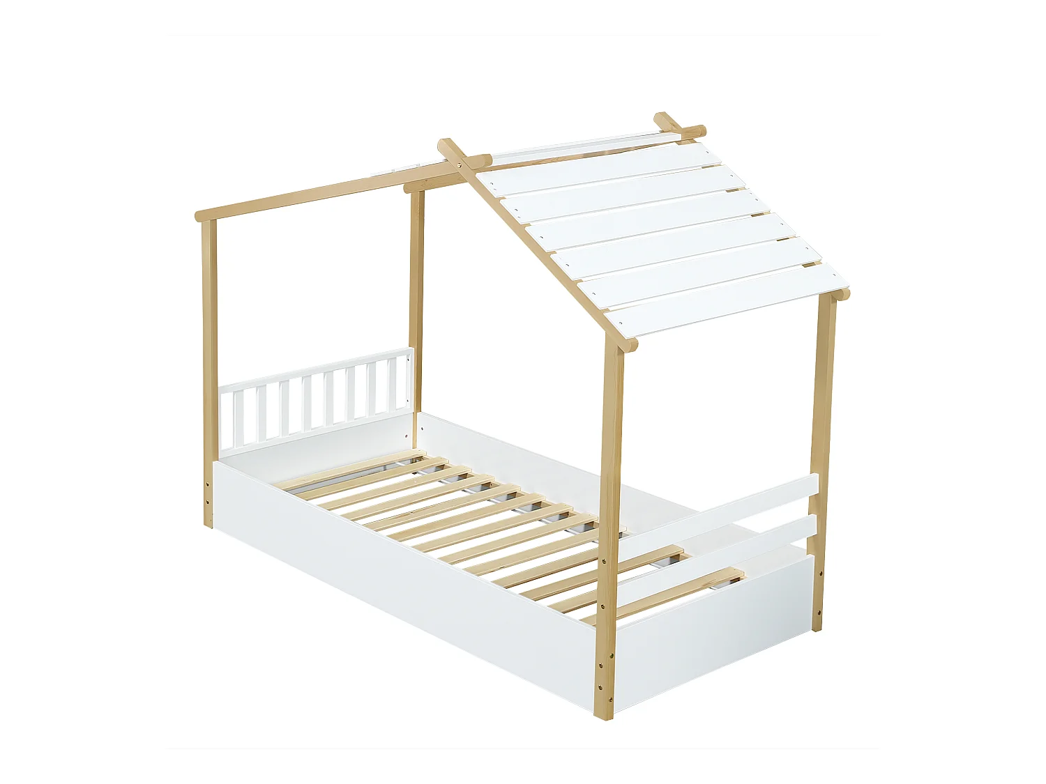 Cama individual 90 x 190 cm - Cama infantil estilo cabana de madeira - madeira branca - colchão não incluído