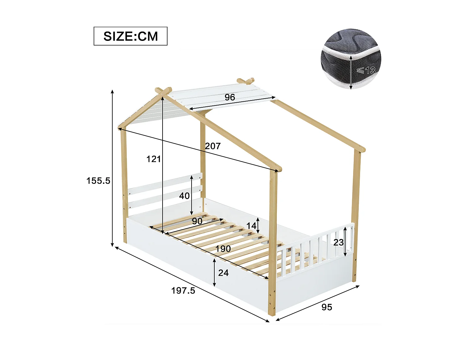 Einzelbett 90 x 190 cm - Kinderbett im Blockhausstil - weißes Holz - Matratze nicht enthalten