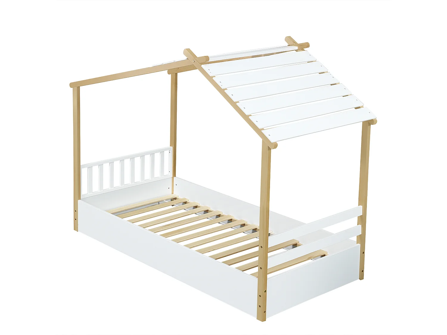 Einzelbett 90 x 190 cm - Kinderbett im Blockhausstil - weißes Holz - Matratze nicht enthalten