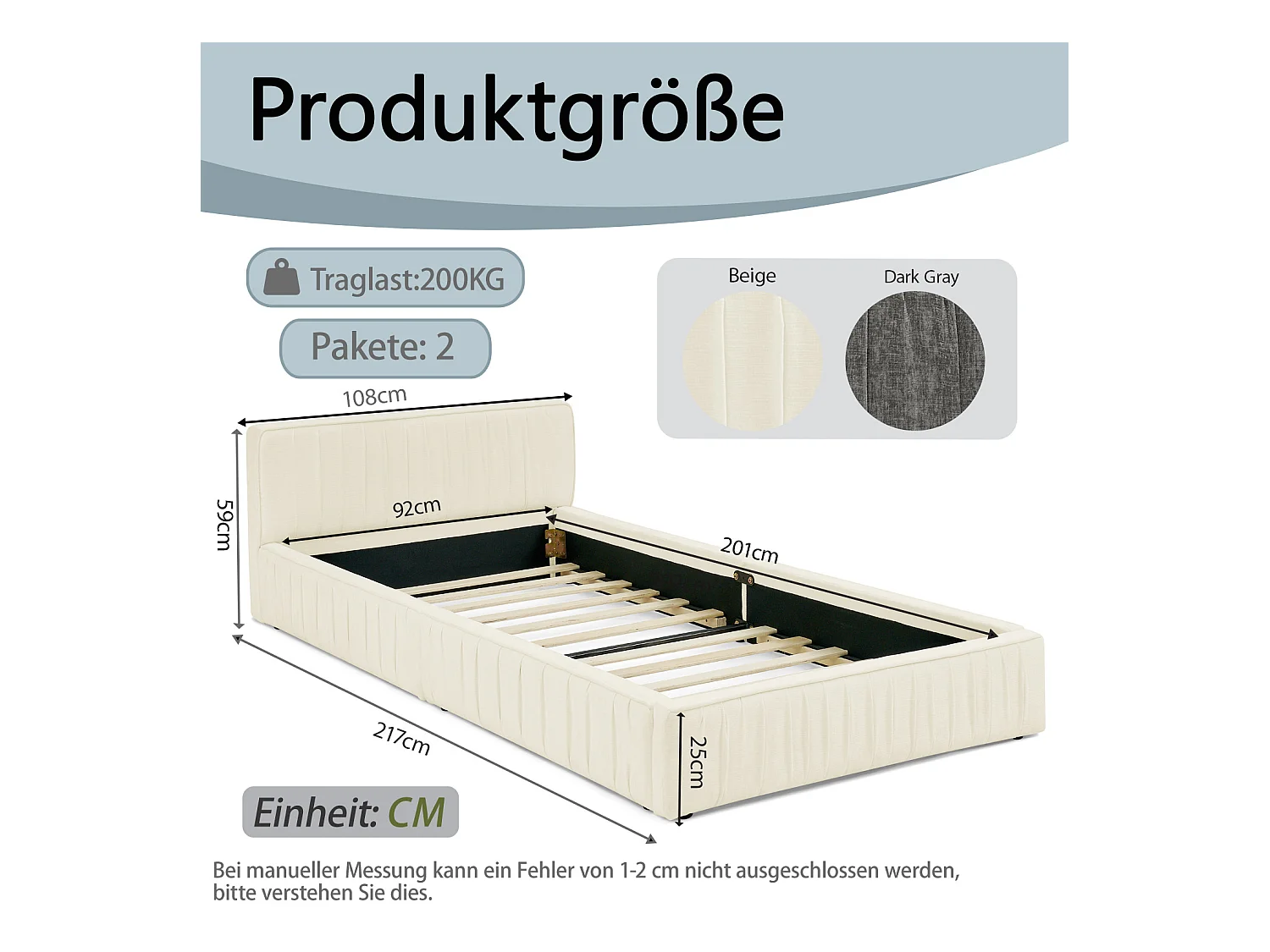 Lit simple 90 x 200 cm - Lit enfant avec cadre en fer robuste - chenille beige - matelas non inclus