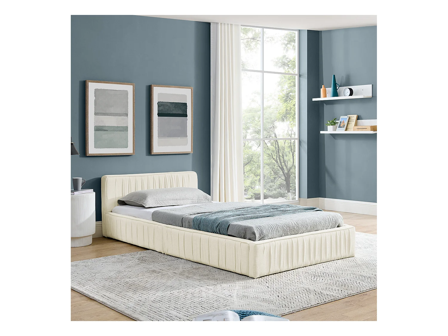 Cama individual 90 x 200 cm - Cama infantil con estructura de hierro resistente - chenilla beige - colchón no incluido