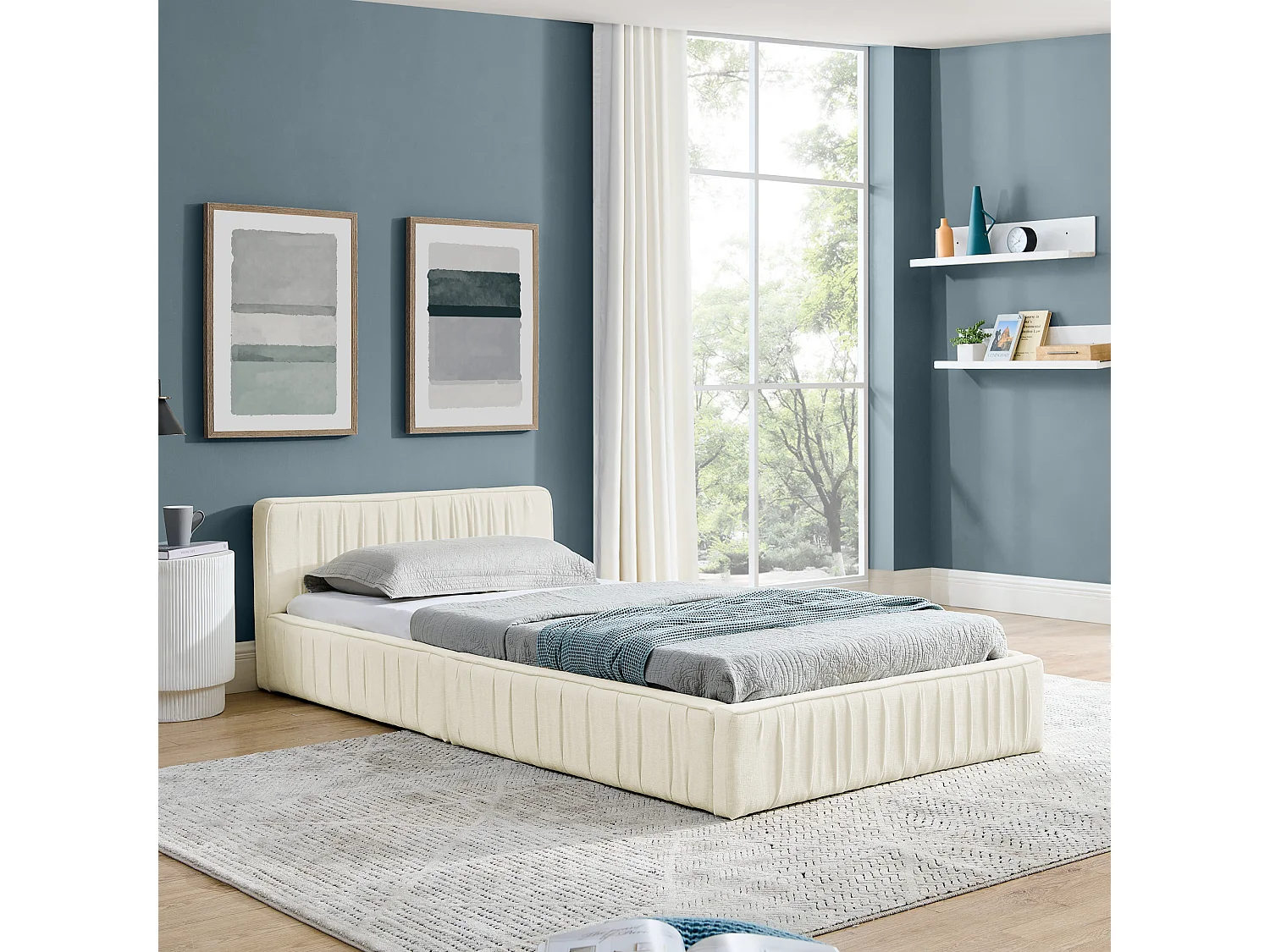 Eenpersoonsbed 90 x 200 cm - Kinderbed met stevig ijzeren frame - beige chenille - matras niet inbegrepen