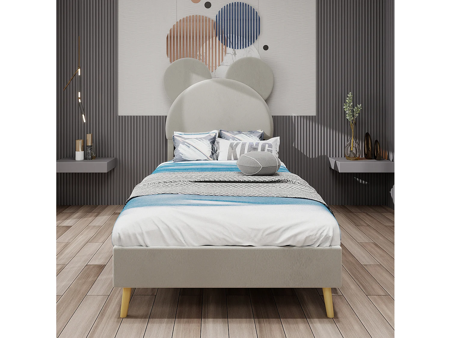 Lit enfant 140 x 200 cm - Lit adulte avec tête de lit dessin animé et pieds en bois - velours beige - matelas non inclus