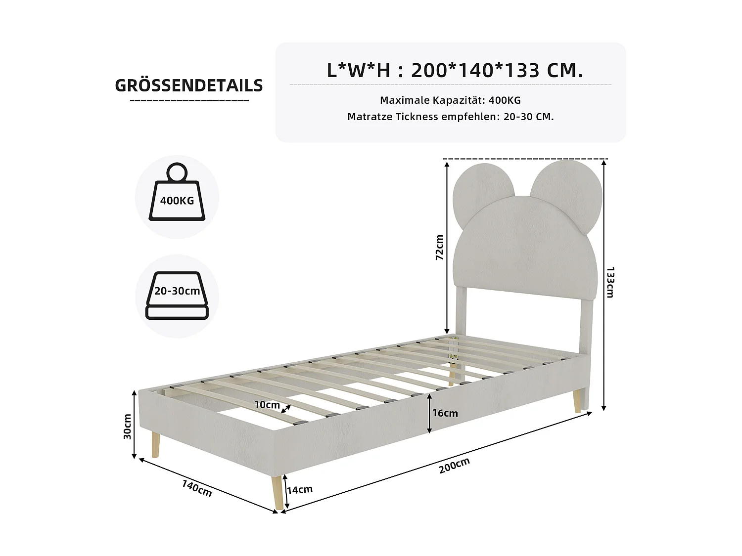 Lit enfant 140 x 200 cm - Lit adulte avec tête de lit dessin animé et pieds en bois - velours beige - matelas non inclus