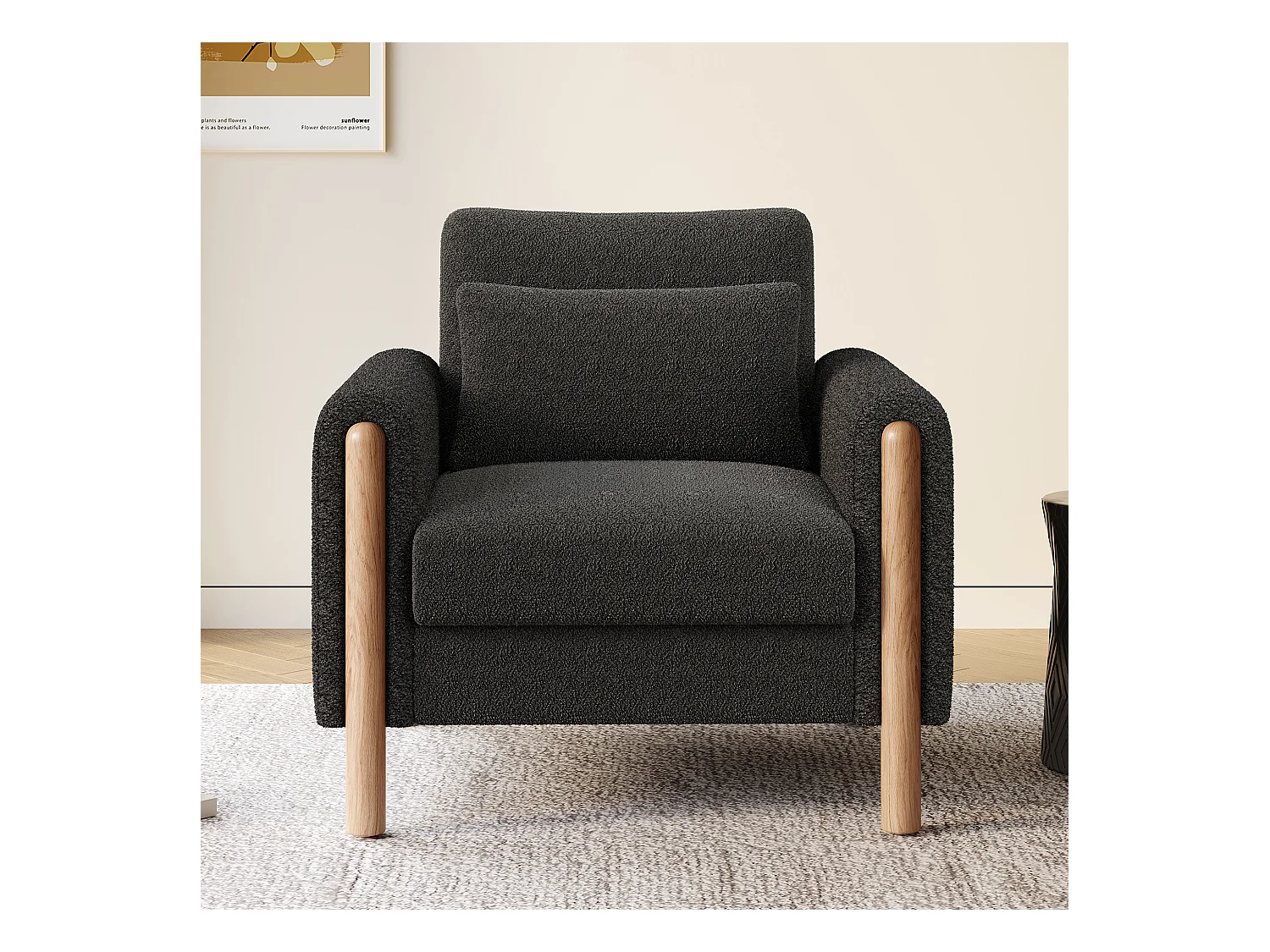 Fauteuil gris foncé - Fauteuil avec dossier et accoudoirs - pieds et coussins en bois - velours teddy