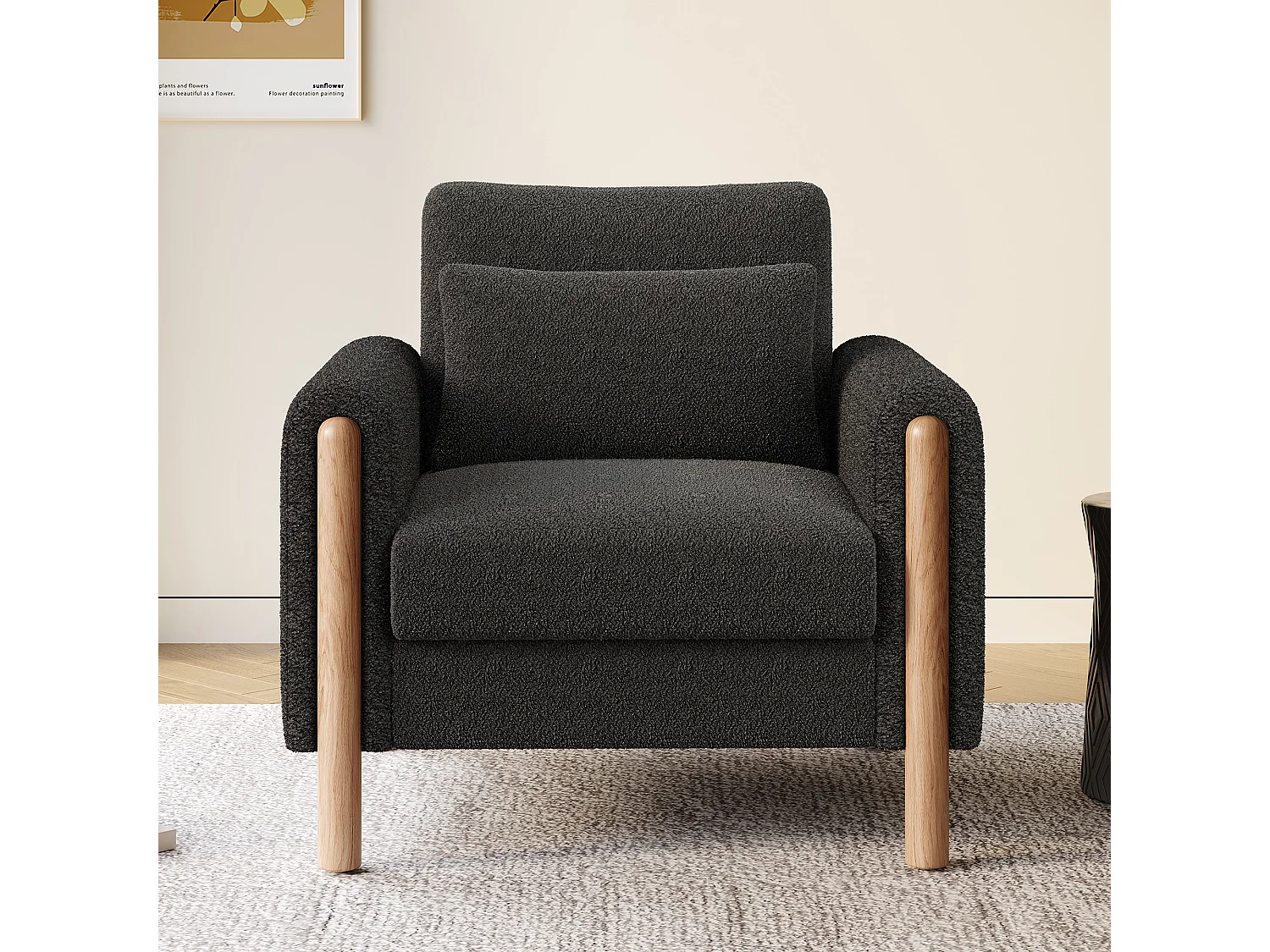 Fauteuil gris foncé - Fauteuil avec dossier et accoudoirs - pieds et coussins en bois - velours teddy