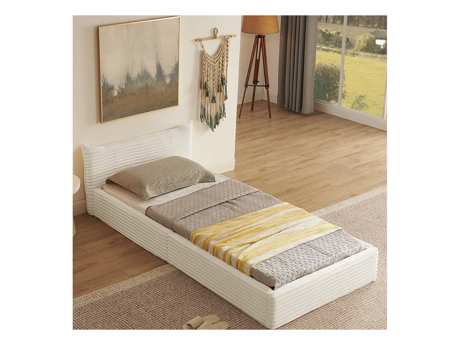 Letto singolo 90 x 200 cm - letto per bambini in legno di eucalipto con robusta struttura in ferro - ciniglia beige - materasso non incluso