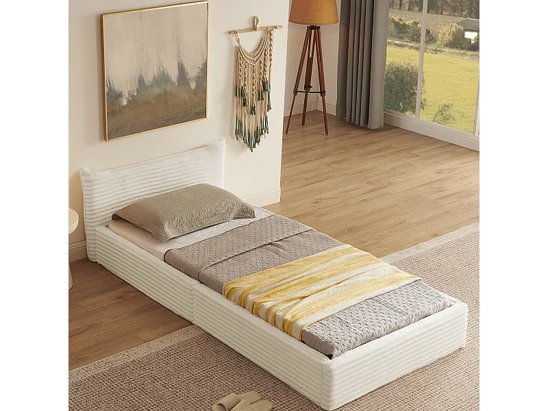 Eenpersoonsbed 90 x 200 cm - kinderbed van eucalyptushout met stevig ijzeren frame - beige chenille - matras niet inbegrepen