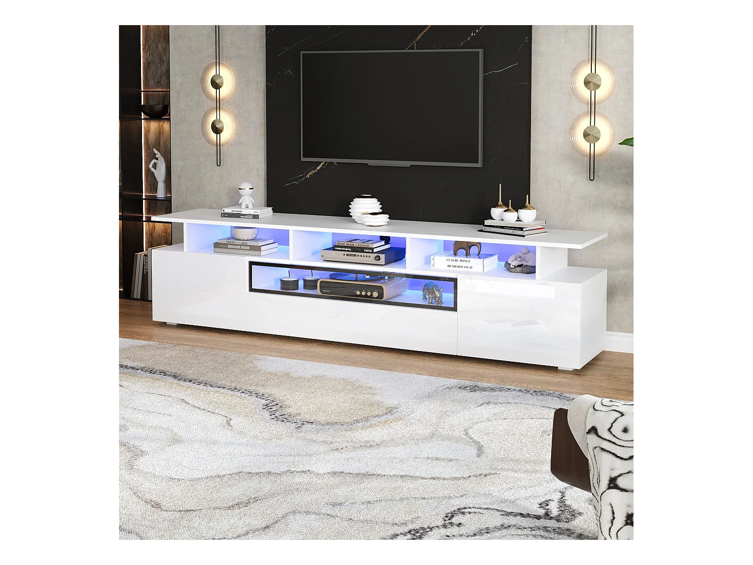 Meuble TV blanc brillant - Meuble TV avec 2 portes et 1 tiroir - eclairage LED et rangement ouvert