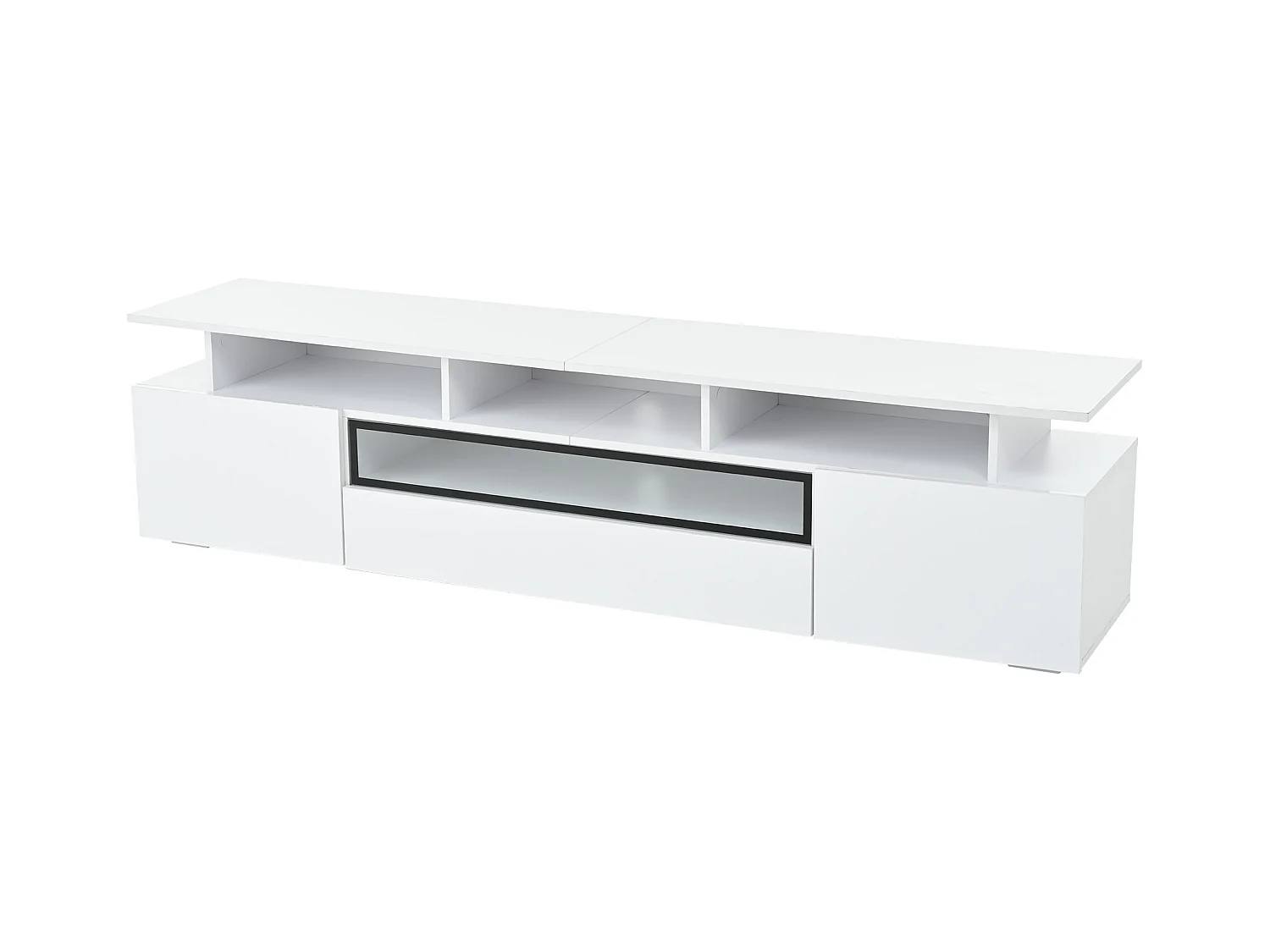 Meuble TV blanc brillant - Meuble TV avec 2 portes et 1 tiroir - eclairage LED et rangement ouvert