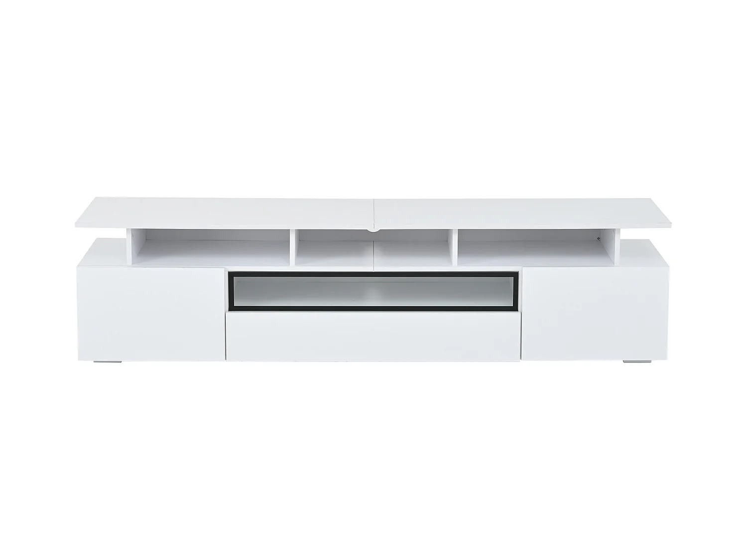 Meuble TV blanc brillant - Meuble TV avec 2 portes et 1 tiroir - eclairage LED et rangement ouvert