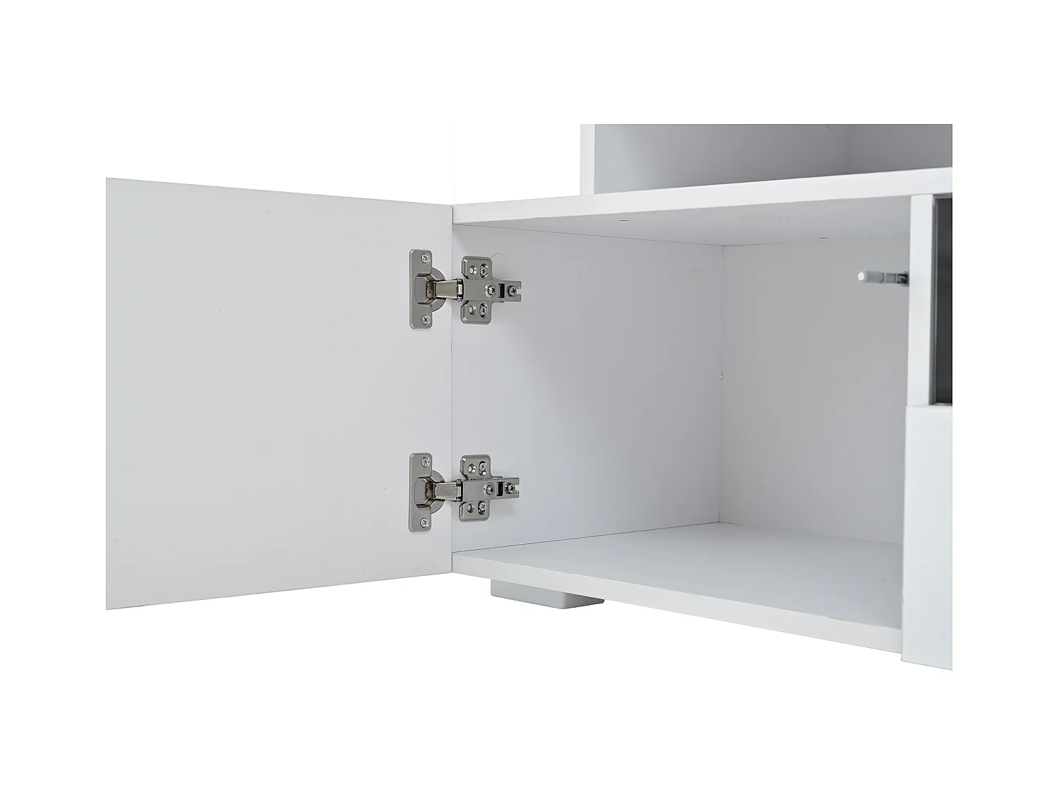 Meuble TV blanc brillant - Meuble TV avec 2 portes et 1 tiroir - eclairage LED et rangement ouvert