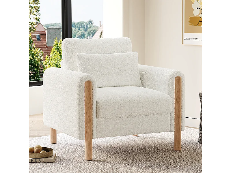 Fauteuil blanc - Fauteuil avec dossier et accoudoirs - pieds et coussins en bois - velours teddy