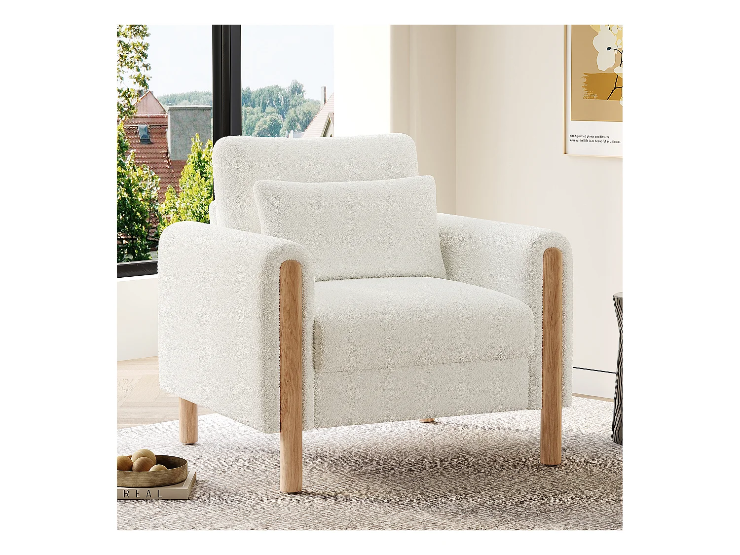 Fauteuil blanc - Fauteuil avec dossier et accoudoirs - pieds et coussins en bois - velours teddy