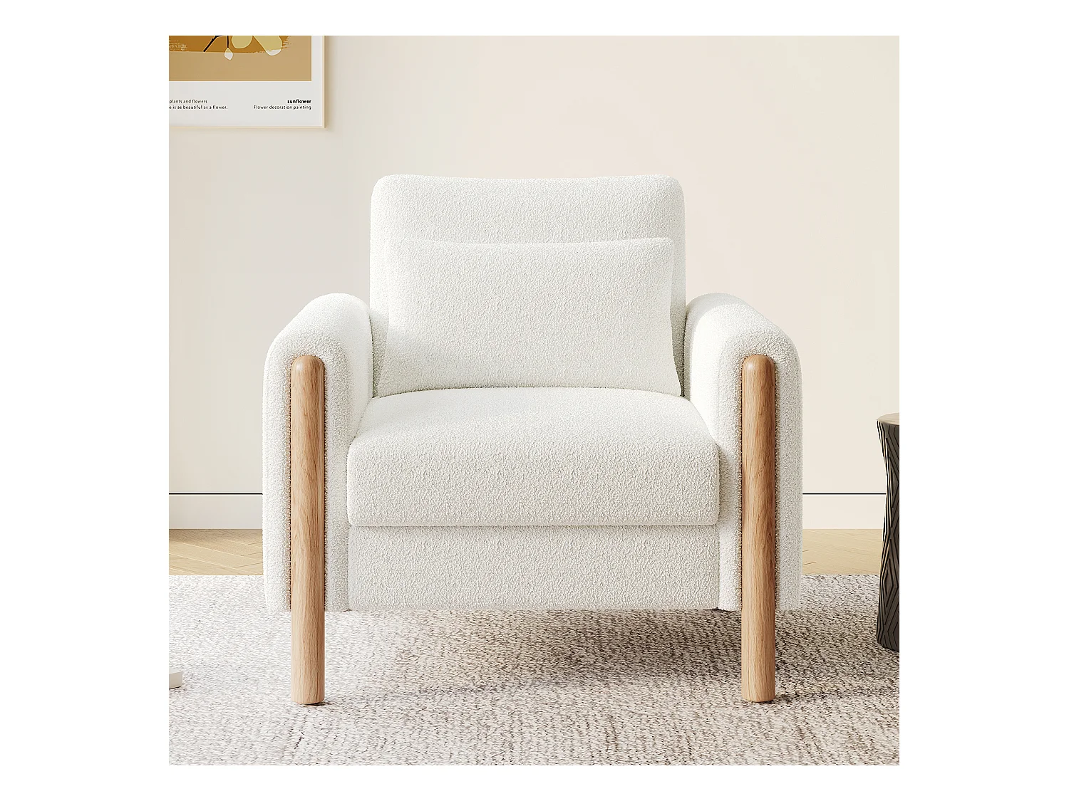 Fauteuil blanc - Fauteuil avec dossier et accoudoirs - pieds et coussins en bois - velours teddy