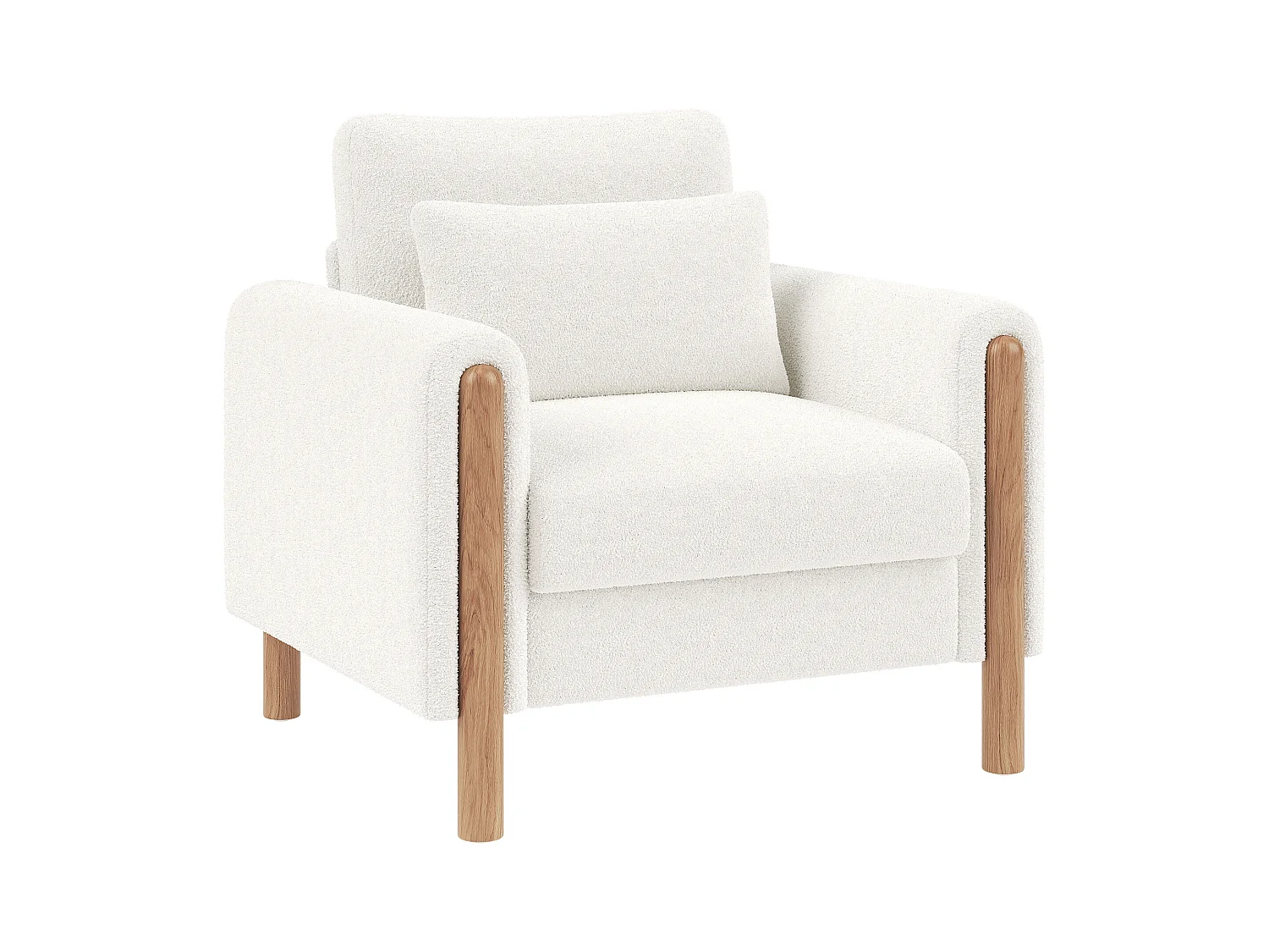 Fauteuil blanc - Fauteuil avec dossier et accoudoirs - pieds et coussins en bois - velours teddy