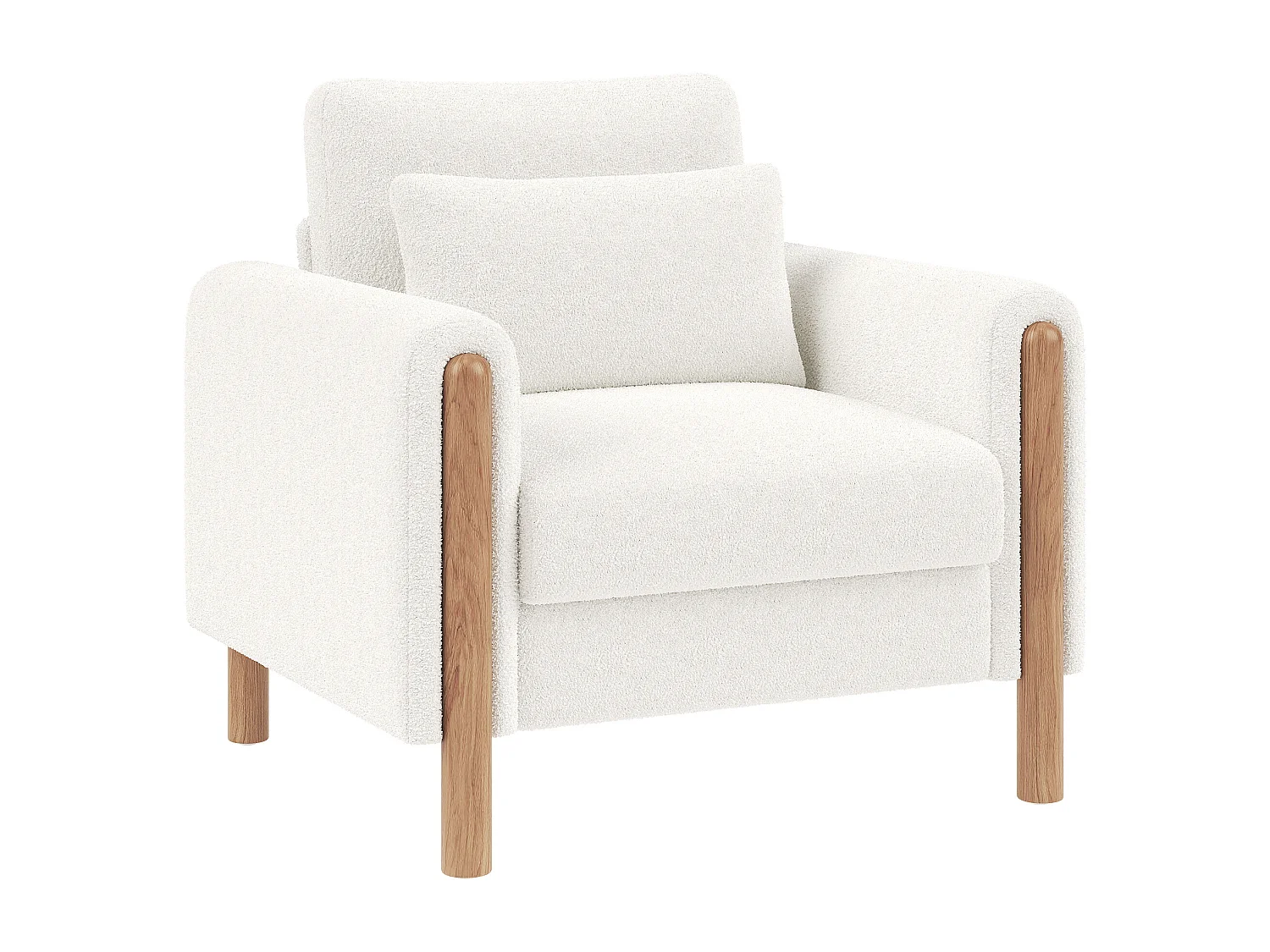 Fauteuil blanc - Fauteuil avec dossier et accoudoirs - pieds et coussins en bois - velours teddy