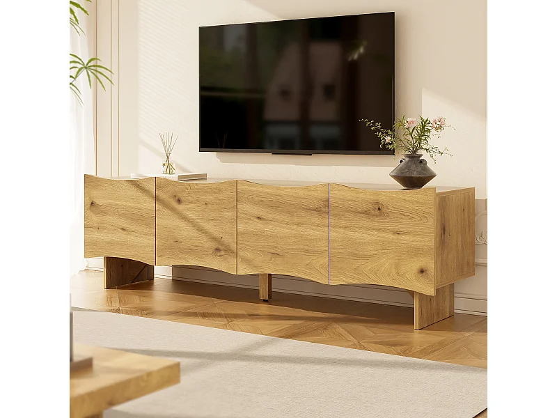 Fernsehschrank aus Holz - Fernsehschrank mit vier Türen und Holzbeinen - Türen mit Wellenmuster
