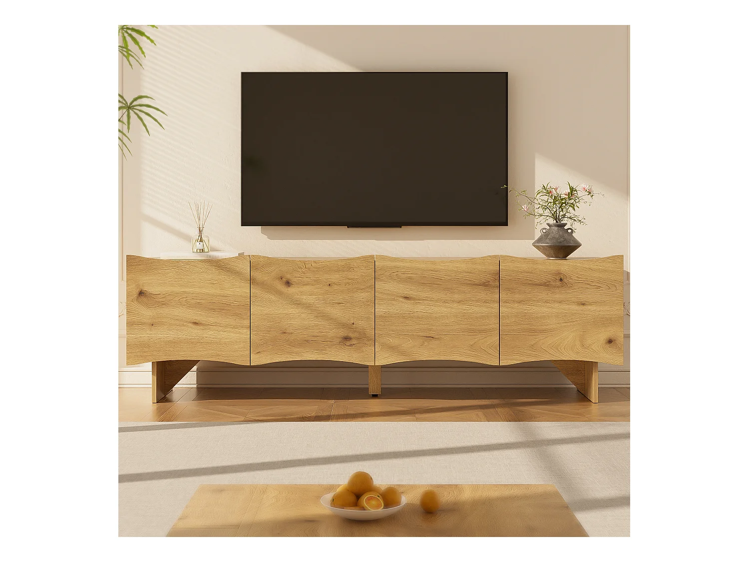 Meuble TV bois - Meuble TV à quatre portes et pieds en bois - portes à motifs ondulés