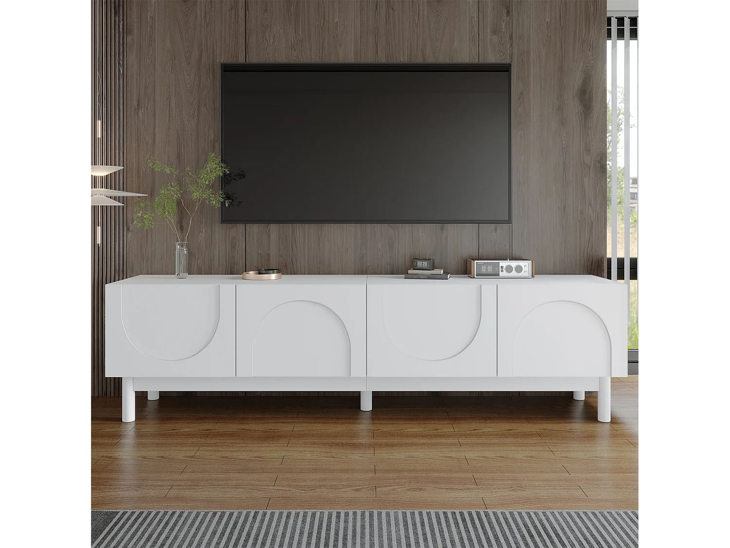 Mobile TV bianco - Mobile TV a 4 ante con gambe in legno massello - design senza maniglie