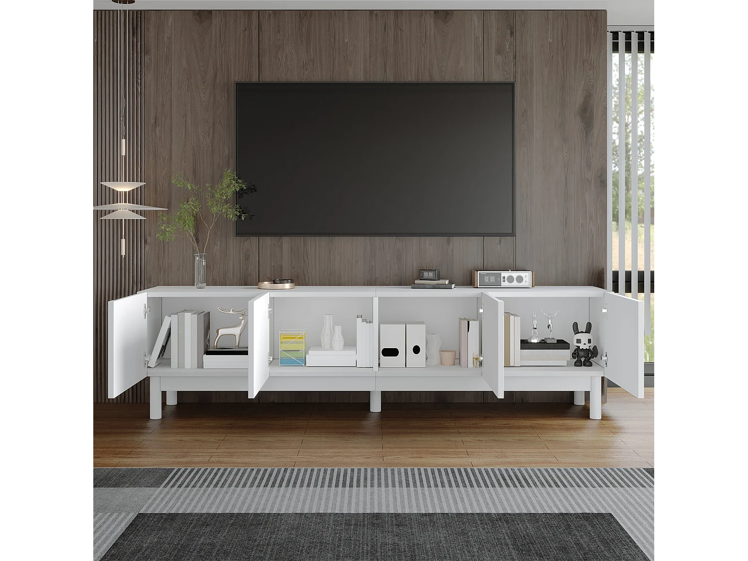 Mobile TV bianco - Mobile TV a 4 ante con gambe in legno massello - design senza maniglie