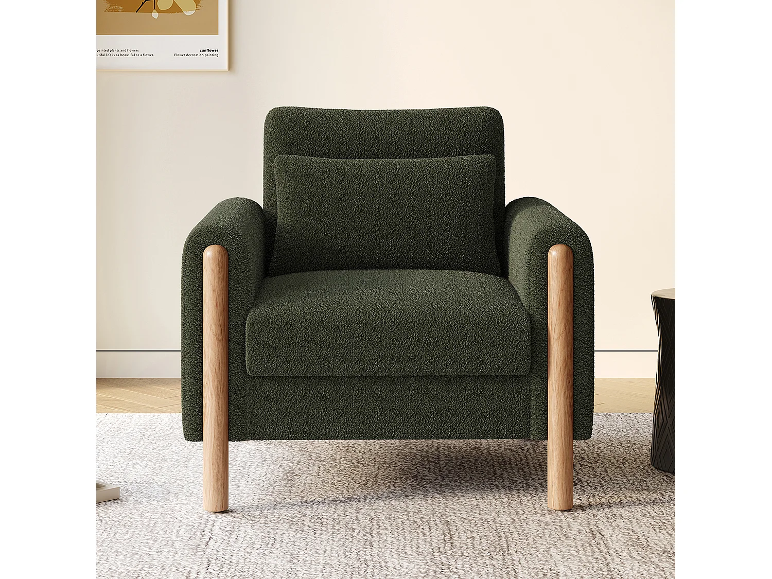 Fauteuil vert - Fauteuil avec dossier et accoudoirs - pieds et coussins en bois - velours teddy