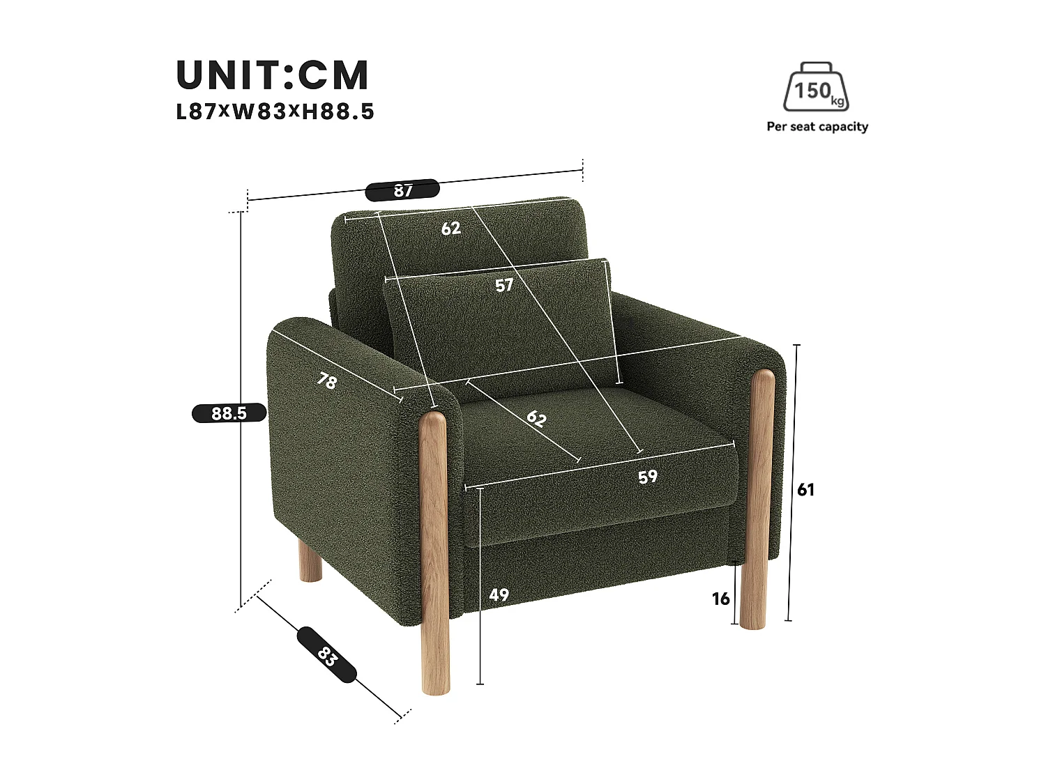 Fauteuil vert - Fauteuil avec dossier et accoudoirs - pieds et coussins en bois - velours teddy