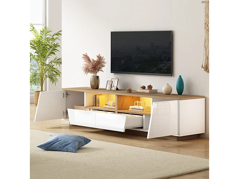 Móvel de TV branco com iluminação LED - Móvel de TV com 2 gavetas e 2 portas - tampo em madeira e arrumação aberta