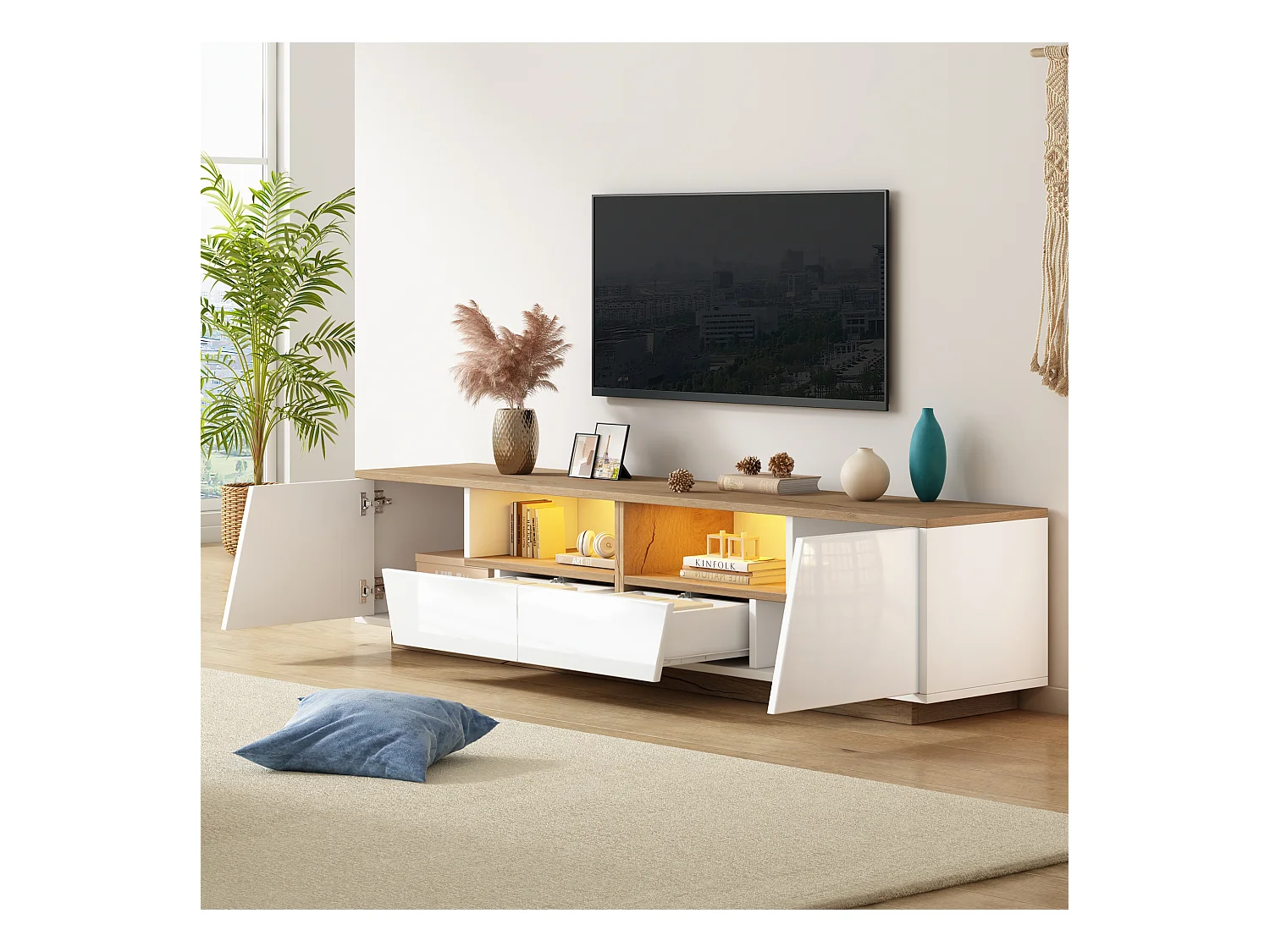 Meuble TV blanc avec éclairage LED - Meuble TV avec 2 tiroirs et 2 portes - plateau en bois et rangements ouverts