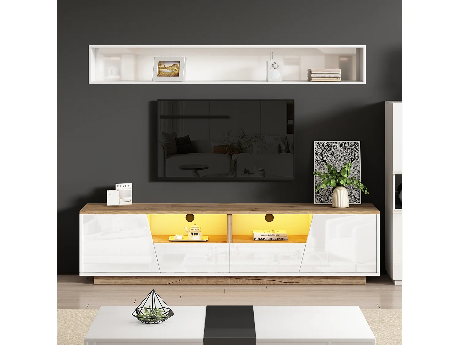 Weißer TV-Schrank mit LED-Beleuchtung – TV-Schrank mit 2 Schubladen und 2 Türen – Holzplatte und offenem Stauraum