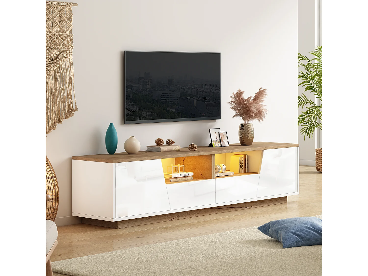 Weißer TV-Schrank mit LED-Beleuchtung – TV-Schrank mit 2 Schubladen und 2 Türen – Holzplatte und offenem Stauraum