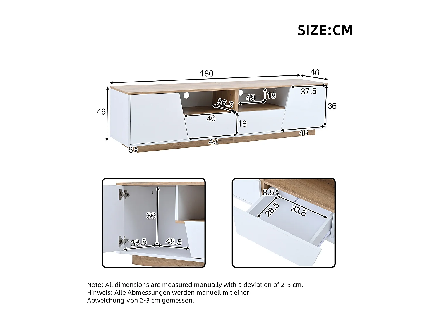 Weißer TV-Schrank mit LED-Beleuchtung – TV-Schrank mit 2 Schubladen und 2 Türen – Holzplatte und offenem Stauraum
