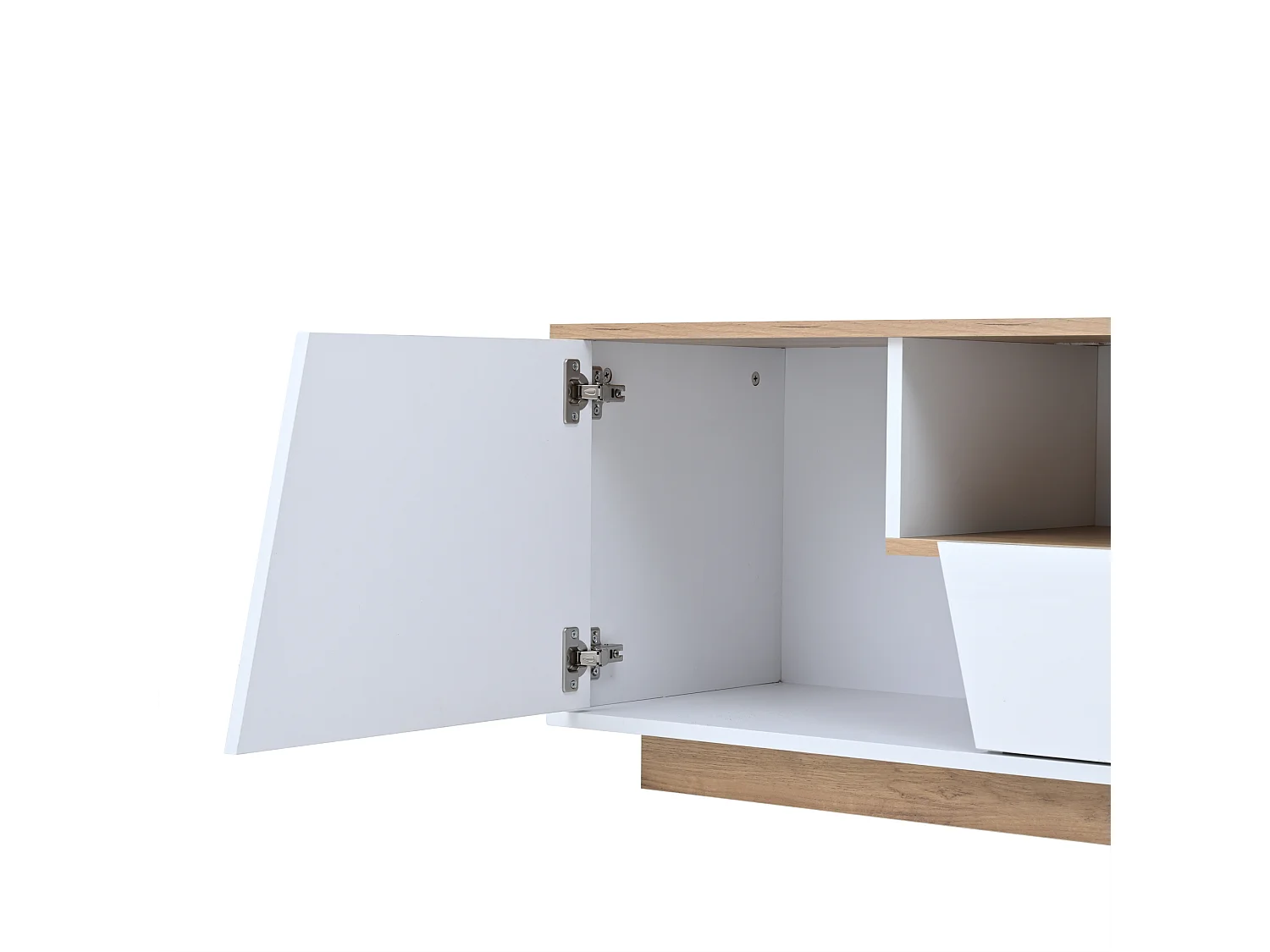 Weißer TV-Schrank mit LED-Beleuchtung – TV-Schrank mit 2 Schubladen und 2 Türen – Holzplatte und offenem Stauraum