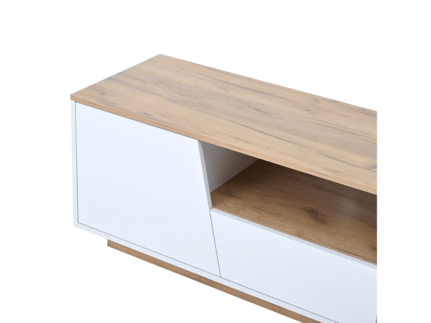 Weißer TV-Schrank mit LED-Beleuchtung – TV-Schrank mit 2 Schubladen und 2 Türen – Holzplatte und offenem Stauraum