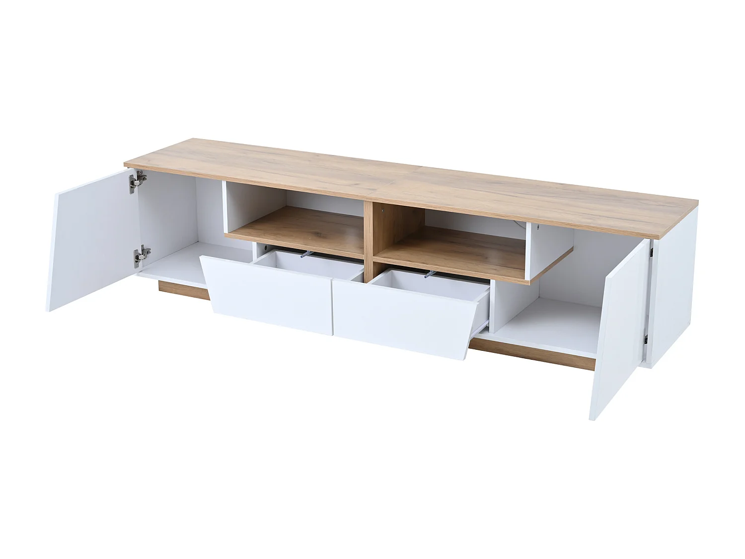 Weißer TV-Schrank mit LED-Beleuchtung – TV-Schrank mit 2 Schubladen und 2 Türen – Holzplatte und offenem Stauraum