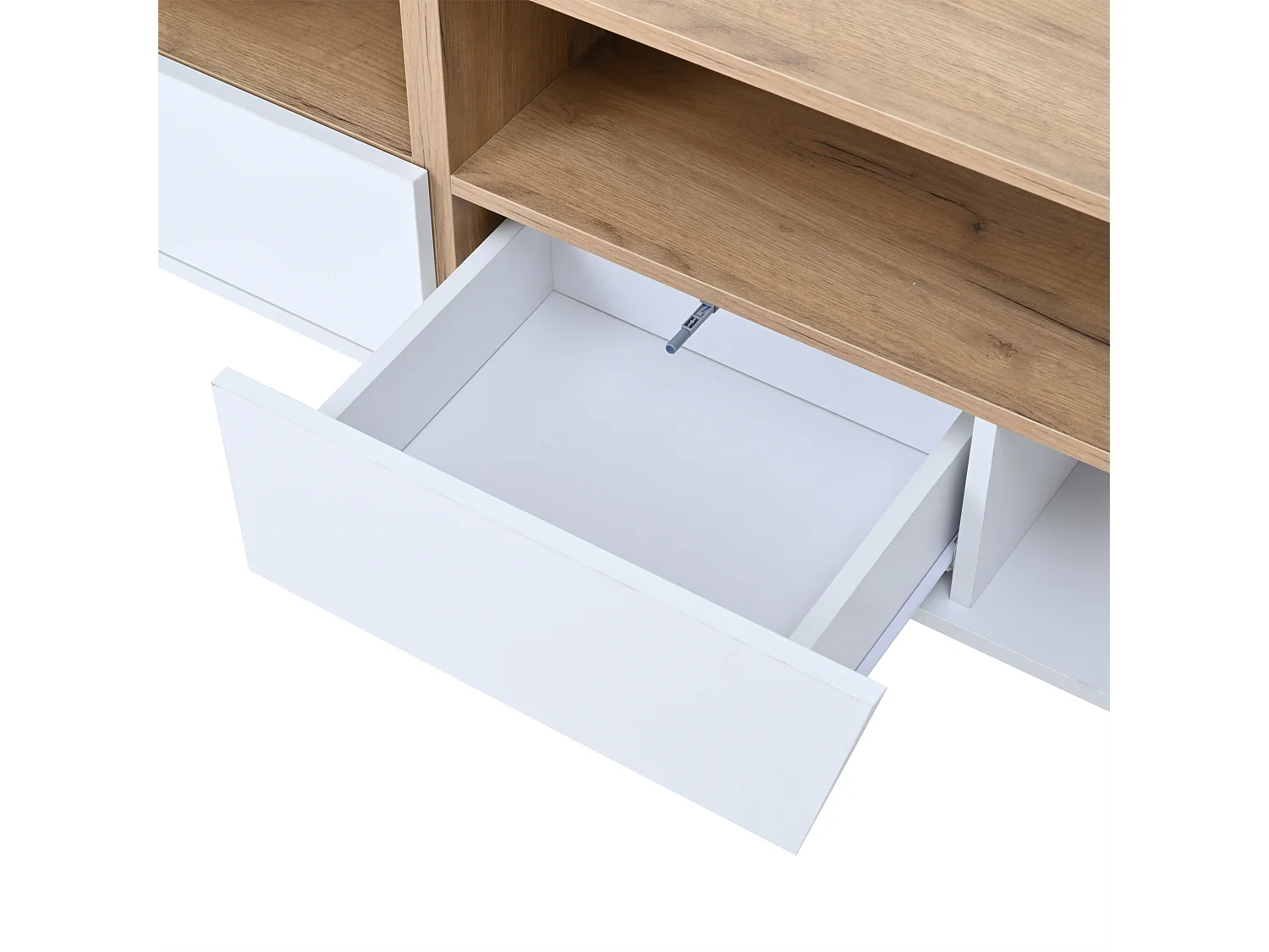 Weißer TV-Schrank mit LED-Beleuchtung – TV-Schrank mit 2 Schubladen und 2 Türen – Holzplatte und offenem Stauraum