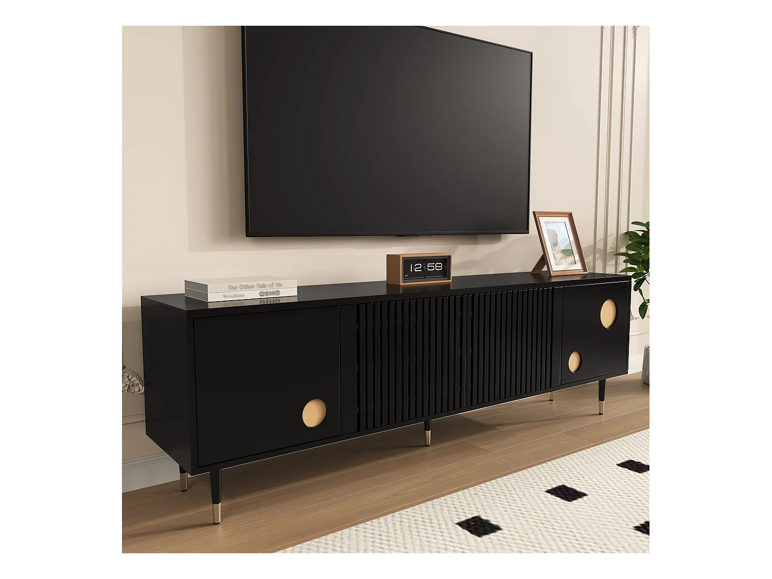 Meuble TV noir - Meuble TV à 4 portes avec structure en treillis - touches dorées et pieds réglables