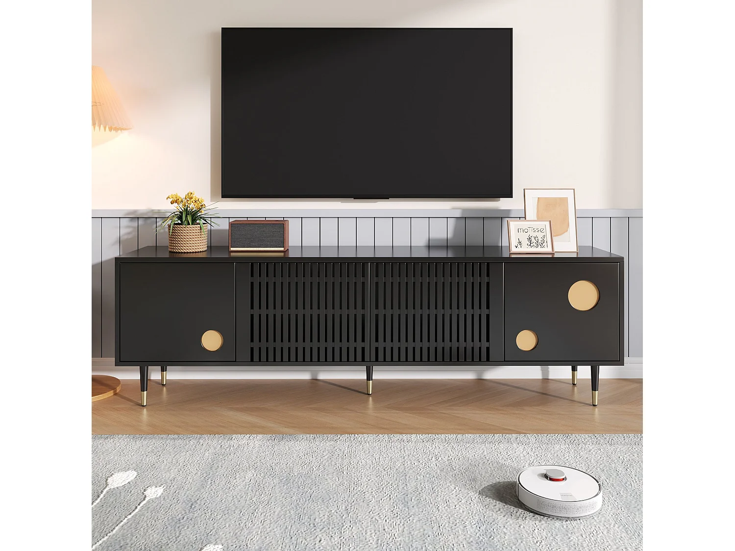 Czarny stojak pod telewizor - szafka pod telewizor z 4 drzwiami z kratownicą - złote akcenty i regulowane nóżki