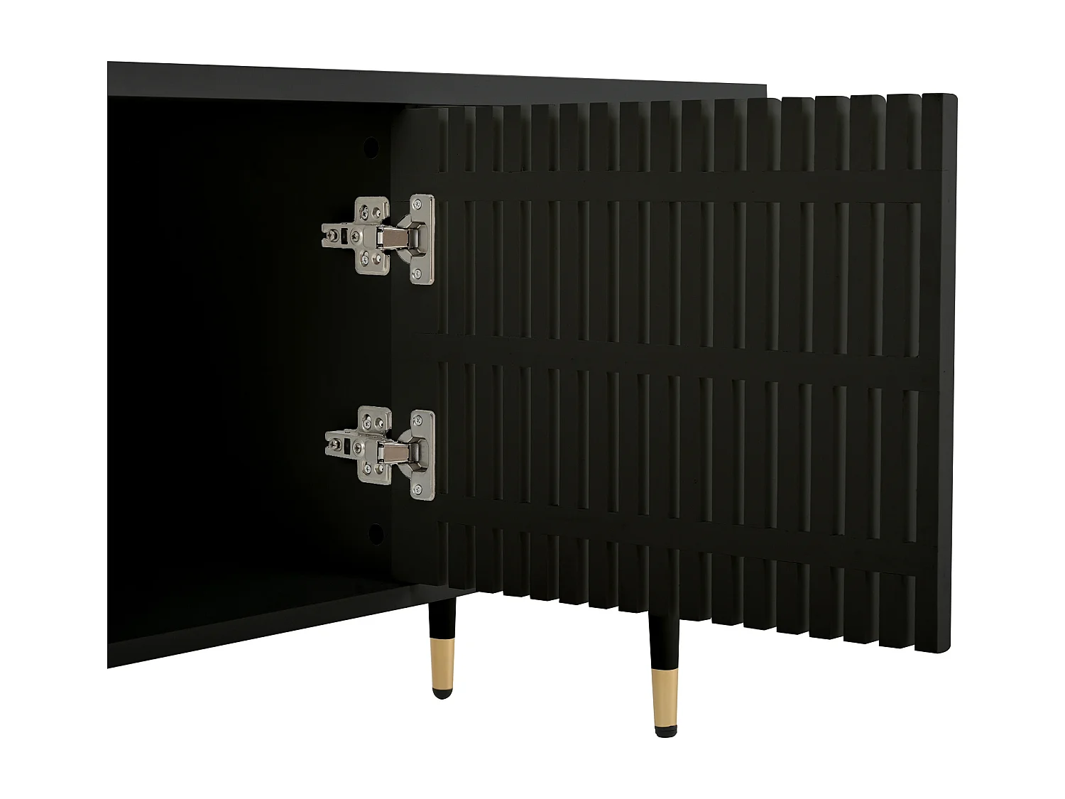 Czarny stojak pod telewizor - szafka pod telewizor z 4 drzwiami z kratownicą - złote akcenty i regulowane nóżki