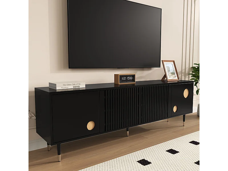Meuble TV noir - Meuble TV à 4 portes avec structure en treillis - touches dorées et pieds réglables