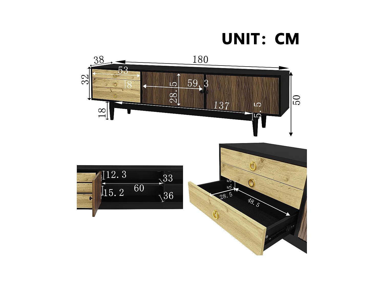 Meuble TV noir et bois - Meuble TV avec 2 portes et 3 tiroirs - poignées à anneaux dorés et motif ondulé