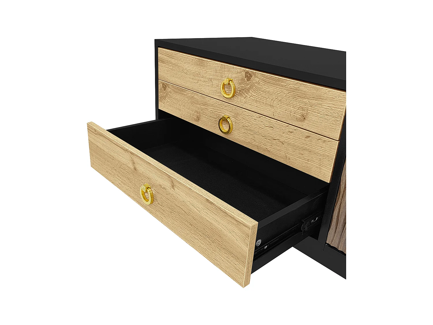 Meuble TV noir et bois - Meuble TV avec 2 portes et 3 tiroirs - poignées à anneaux dorés et motif ondulé