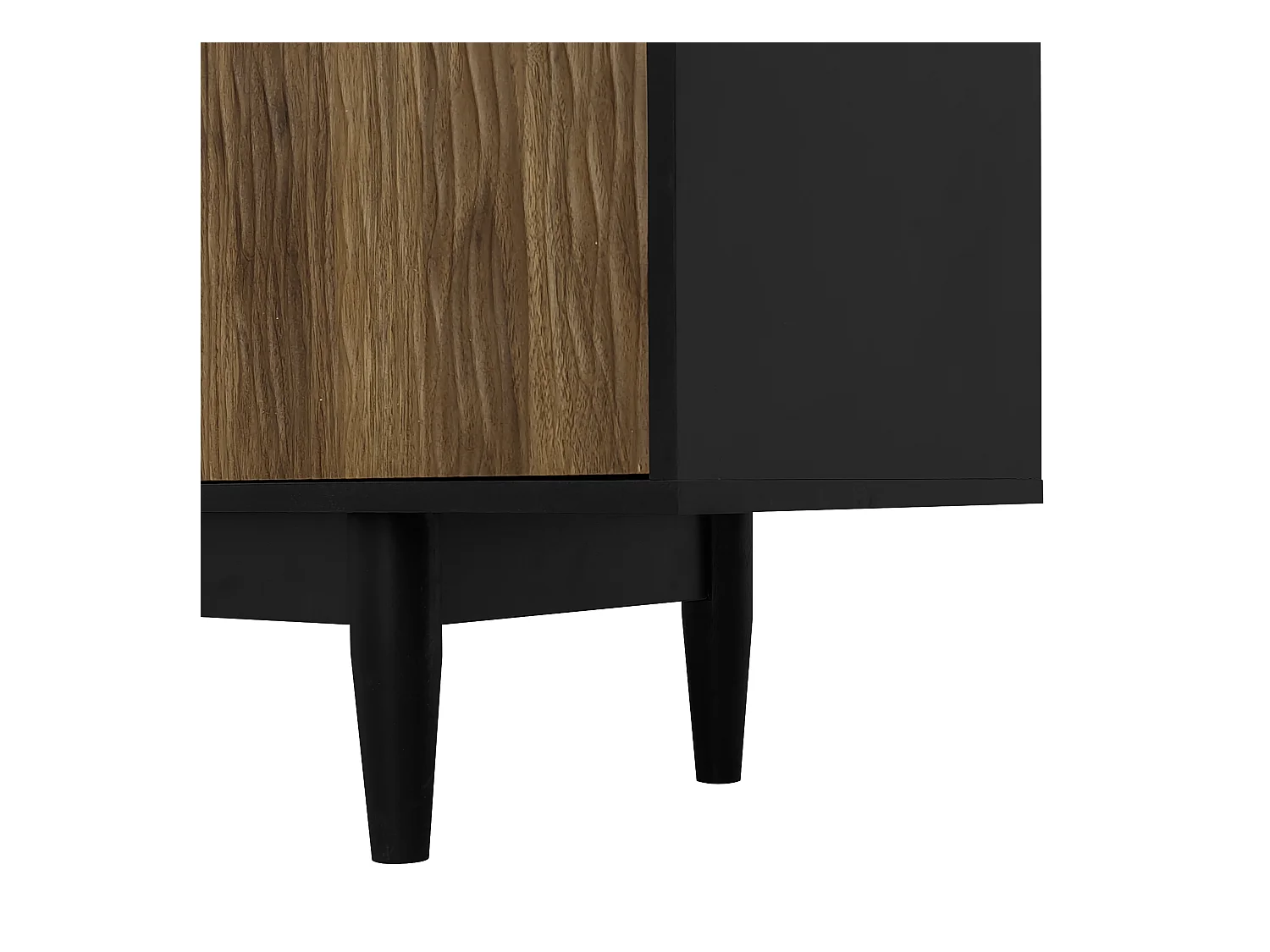 Meuble TV noir et bois - Meuble TV avec 2 portes et 3 tiroirs - poignées à anneaux dorés et motif ondulé