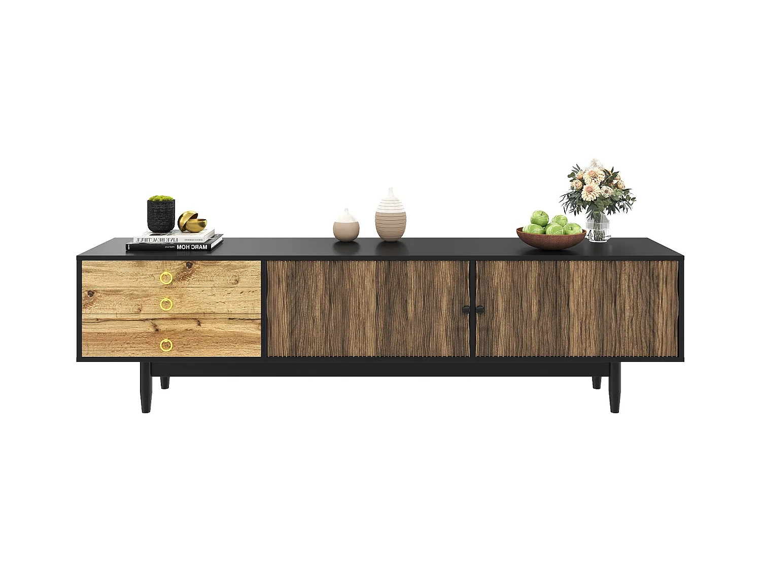 Meuble TV noir et bois - Meuble TV avec 2 portes et 3 tiroirs - poignées à anneaux dorés et motif ondulé