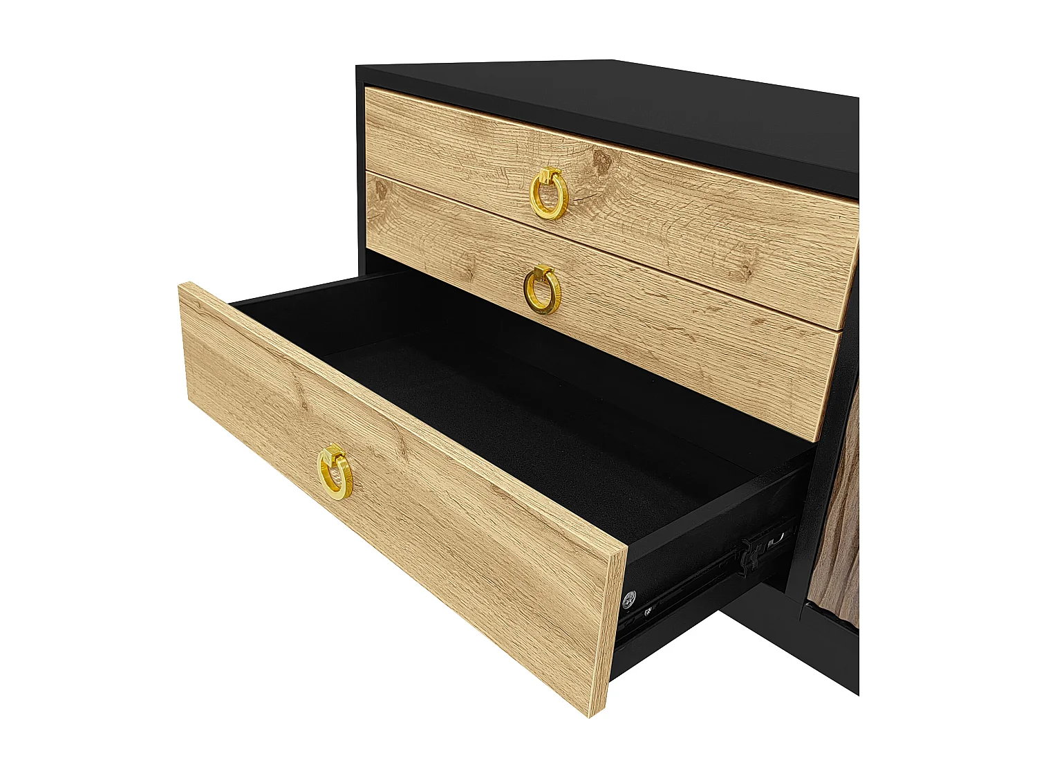 Suporte para TV preto e madeira - Suporte para TV com 2 portas e 3 gavetas - Puxadores dourados e padrão ondulado